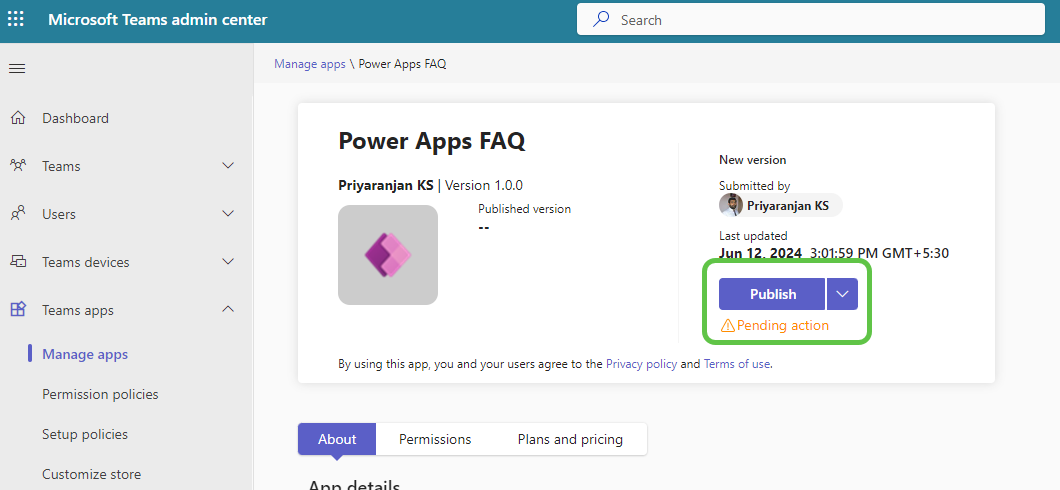 App in Teams Admin Centre